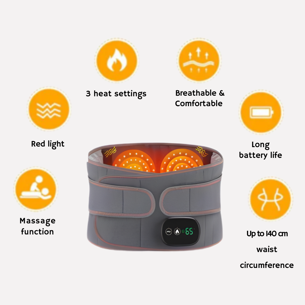 Infrared heat therapy & vibration massage waist belt for back & muscle pain. Unisex, adjustable, and portable relief.