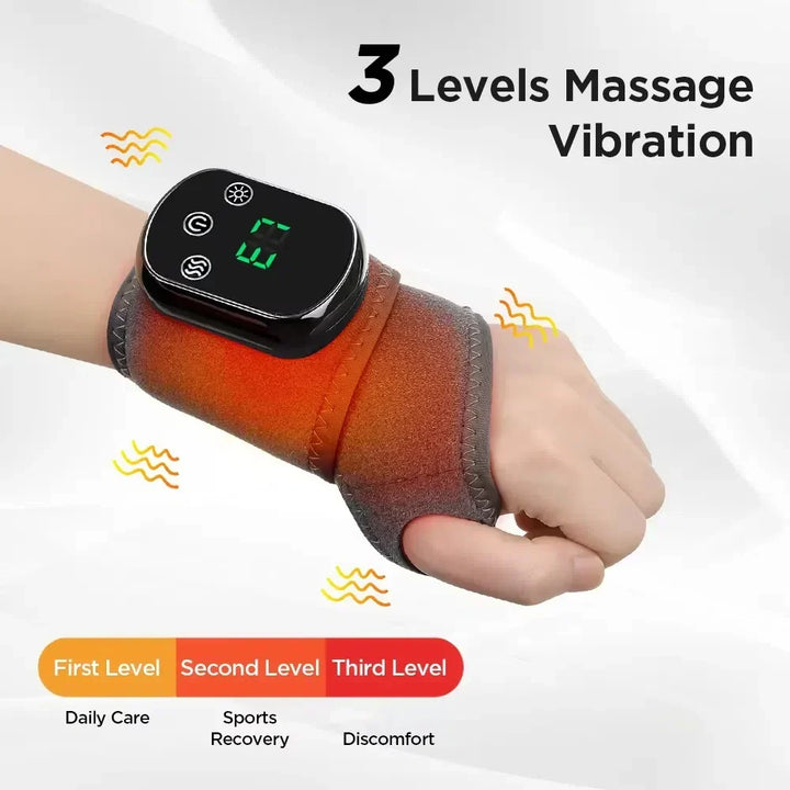 Rechargeable infrared heat and vibration massager for wrist and ankle pain.