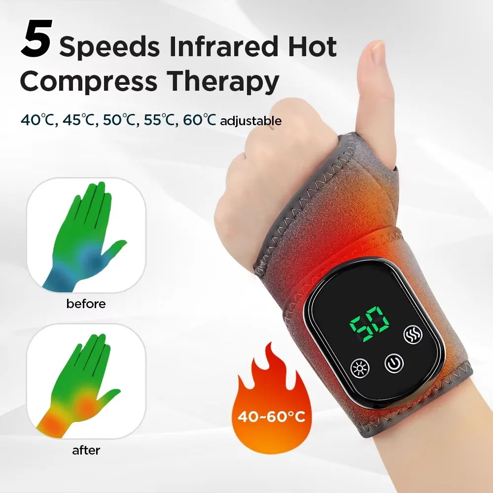 Wrist support brace with infrared heating and vibration therapy for pain.
