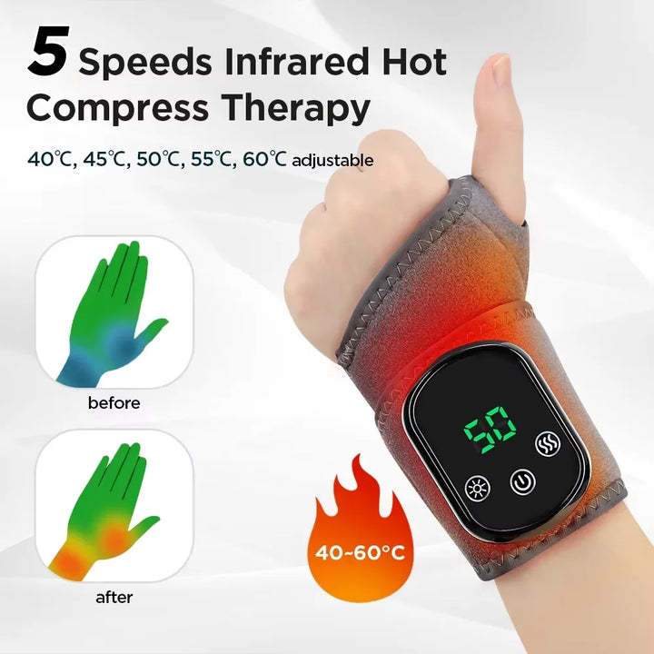 Wrist support brace with infrared heating and vibration therapy for pain.