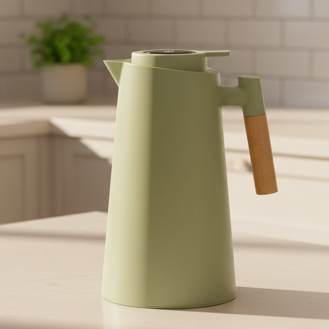 Unisex insulated carafe with smart temp display & wood handle. Keeps hot coffee or cold water perfect.