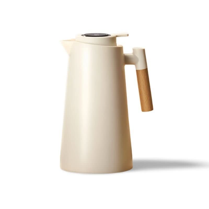 Versatile insulated thermos carafe with intelligent temperature display. Chic wood handle for all your hot/cold needs.