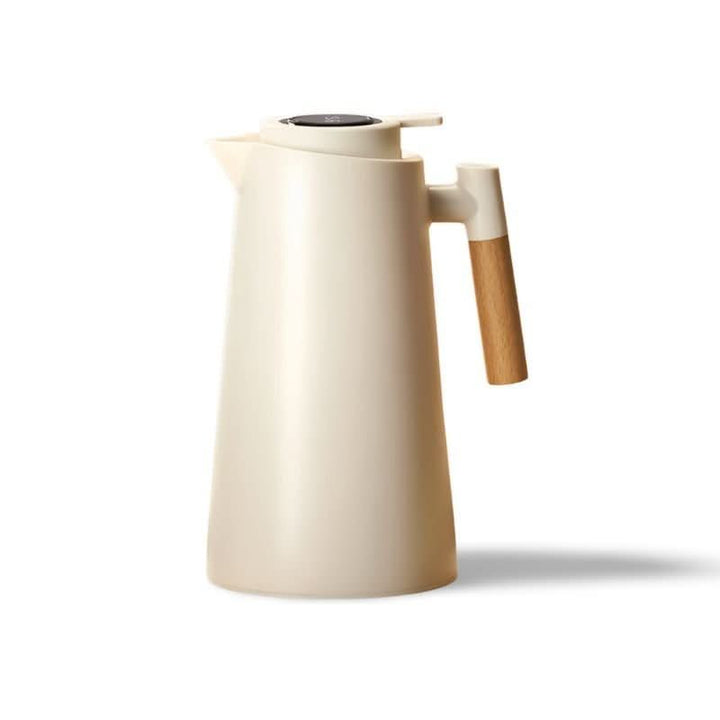 Versatile insulated thermos carafe with intelligent temperature display. Chic wood handle for all your hot/cold needs.