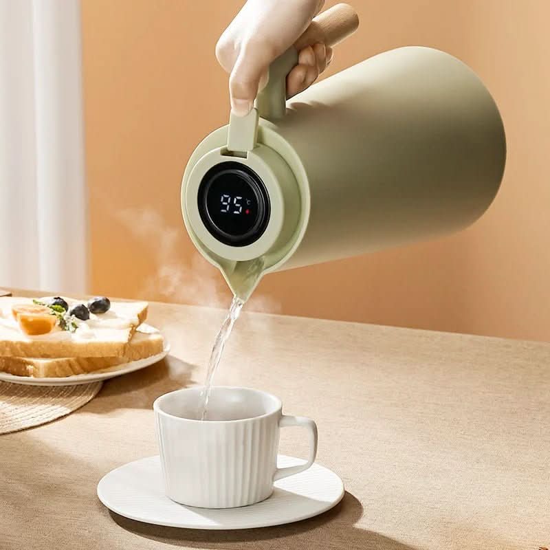 Smart temp display thermos flask with wood handle. See exact temperature for your hot or cold beverages.