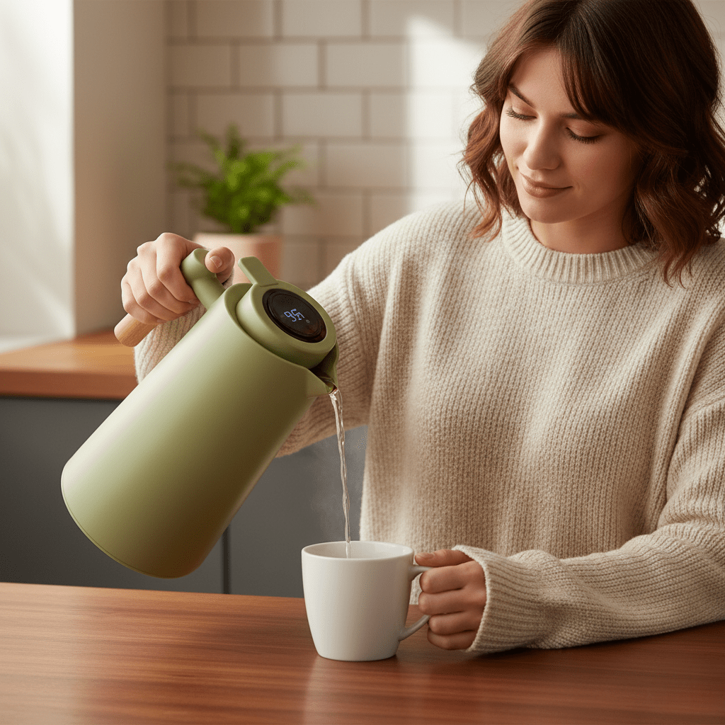 Portable insulated thermos with smart temp display & wood handle. Perfect for hot tea, coffee, or cold water on-the-go.
