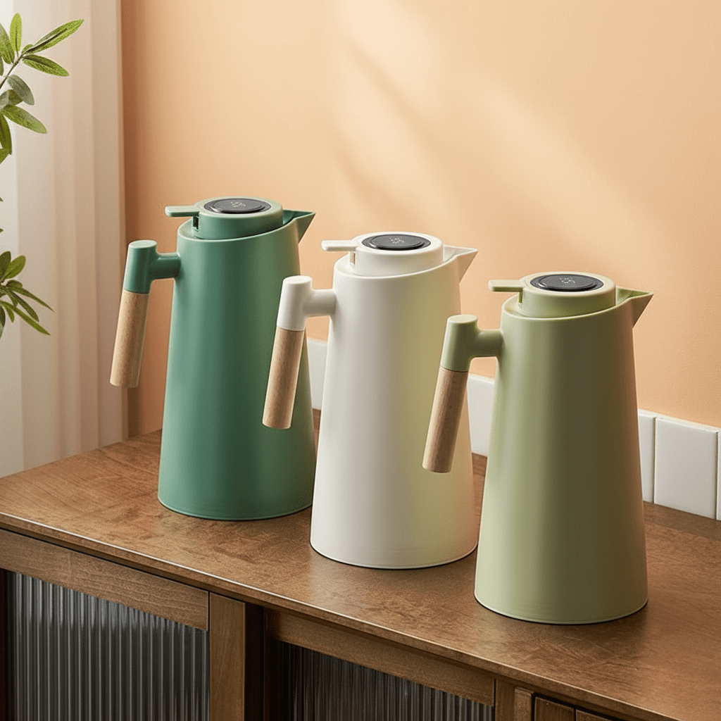 Elegant insulated carafe, smart display shows real-time temp. Stylish wood handle. Great for hot or cold drinks.