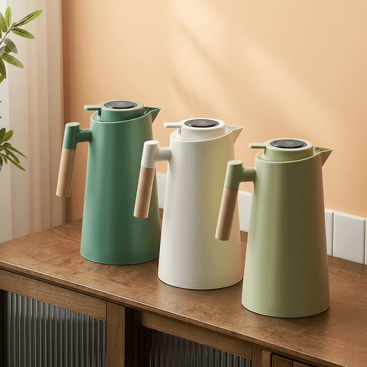 Elegant insulated carafe, smart display shows real-time temp. Stylish wood handle. Great for hot or cold drinks.