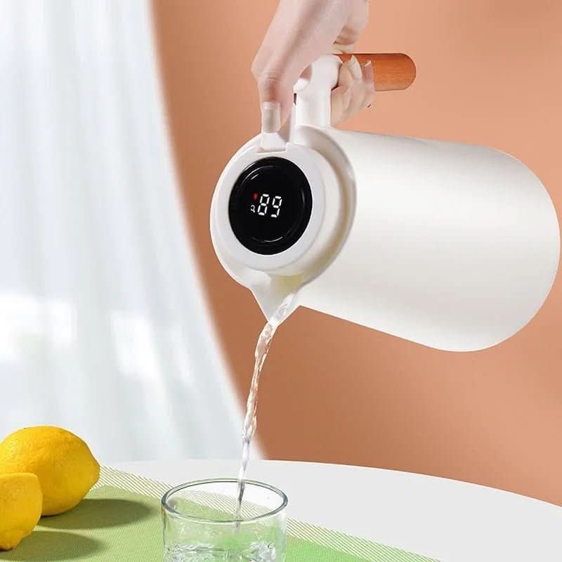 Premium insulated carafe for hot/cold drinks. Smart temp display & ergonomic wood handle. Portable kitchen essential.