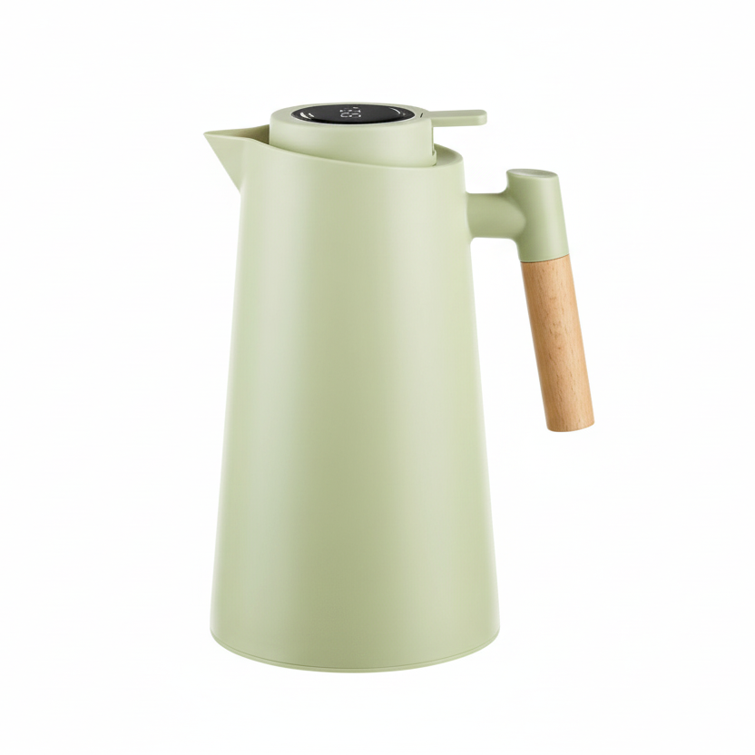 High-performance insulated carafe with smart temperature display. Modern design, rustic wood handle. Hot & cold.