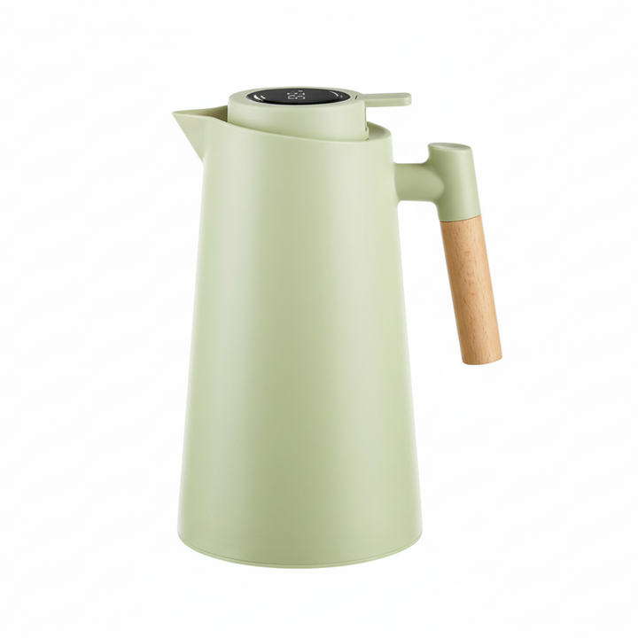 High-performance insulated carafe with smart temperature display. Modern design, rustic wood handle. Hot & cold.