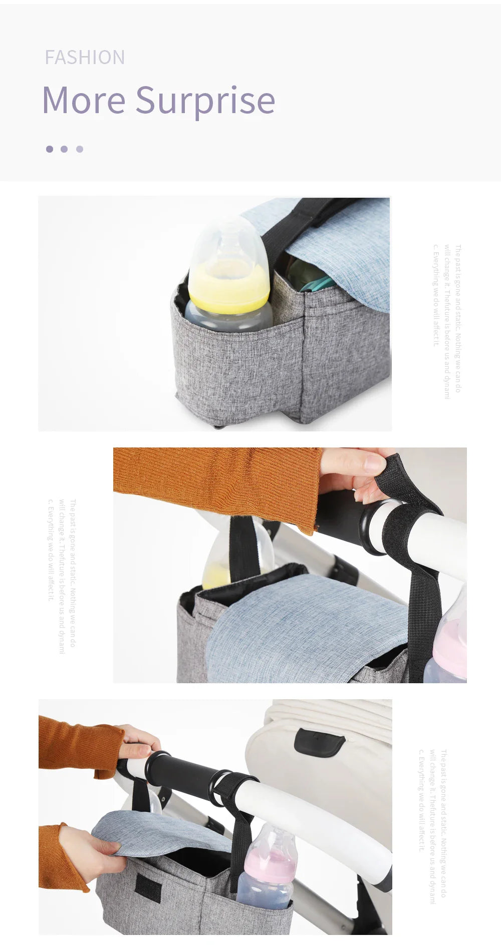 Lifestyle image of unisex diaper bag on stroller, easy access for parents, ideal for baby travel.