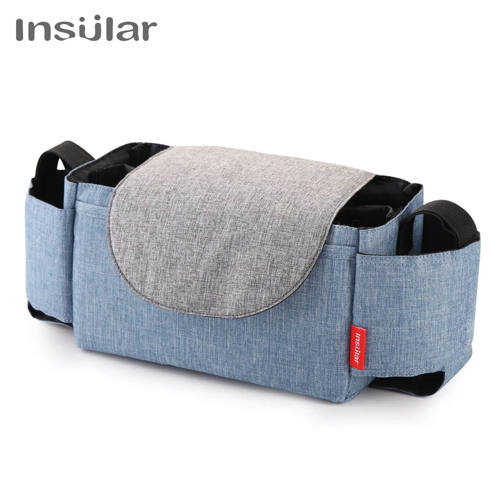 Side view of a blue unisex insulated diaper bag with milk bottle pocket, ideal for newborn parenting.