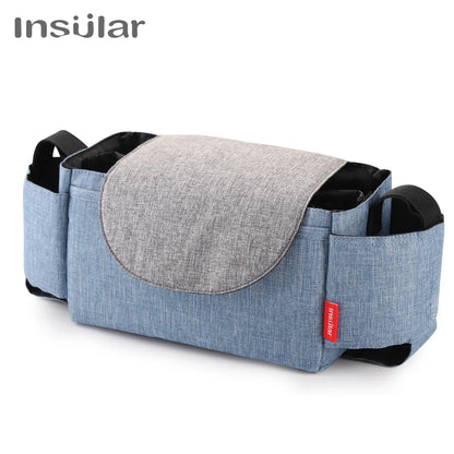 Side view of a blue unisex insulated diaper bag with milk bottle pocket, ideal for newborn parenting.