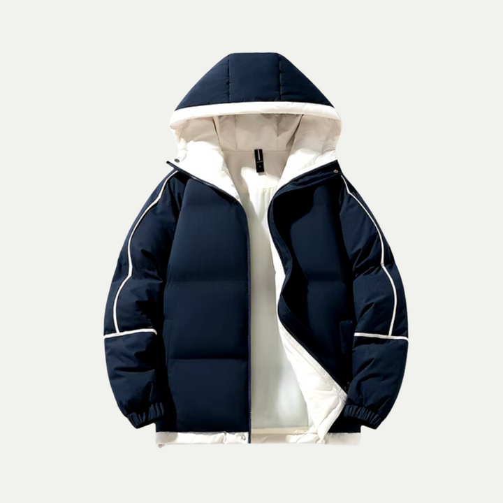 Warm unisex puffer jacket with hood, ideal for extreme cold. Durable insulated parka outerwear.