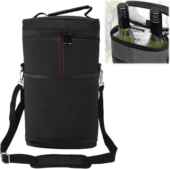 Ergonomic unisex wine tote bag, leakproof and insulated for two bottles. Ideal for outdoor adventures.