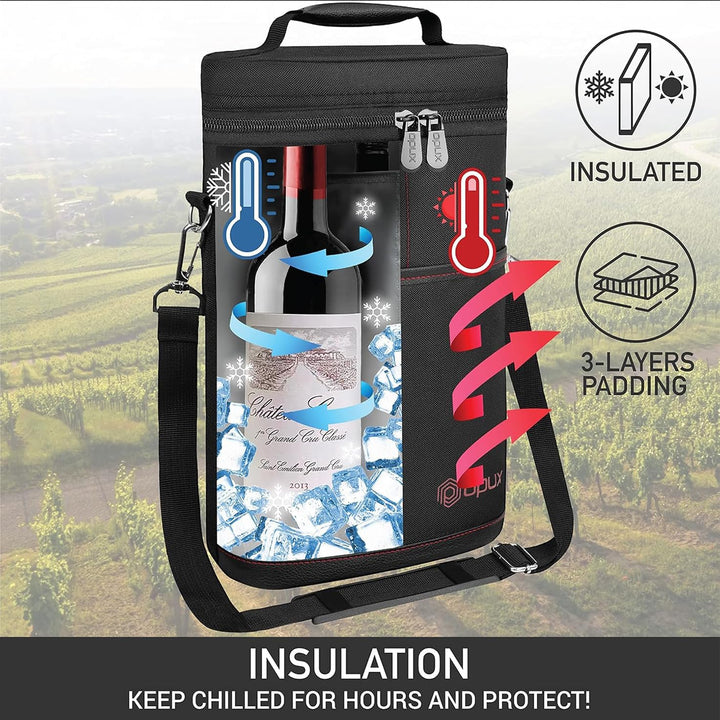 Insulated wine tote for two bottles, a practical and leakproof drink cooler. Ideal for gifting.