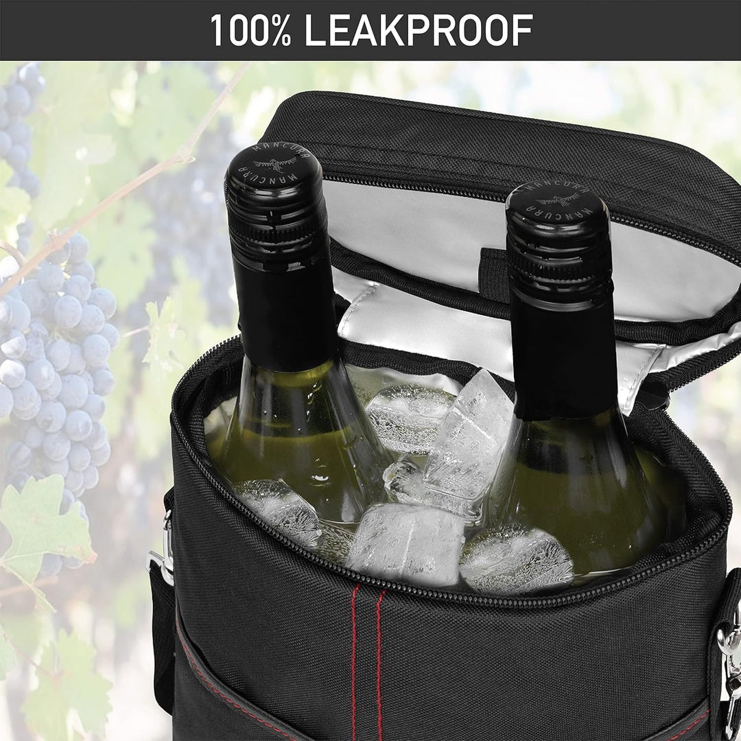 Travel-ready unisex wine carrier bag, securely holds 2 bottles. Excellent insulated bottle cooler.