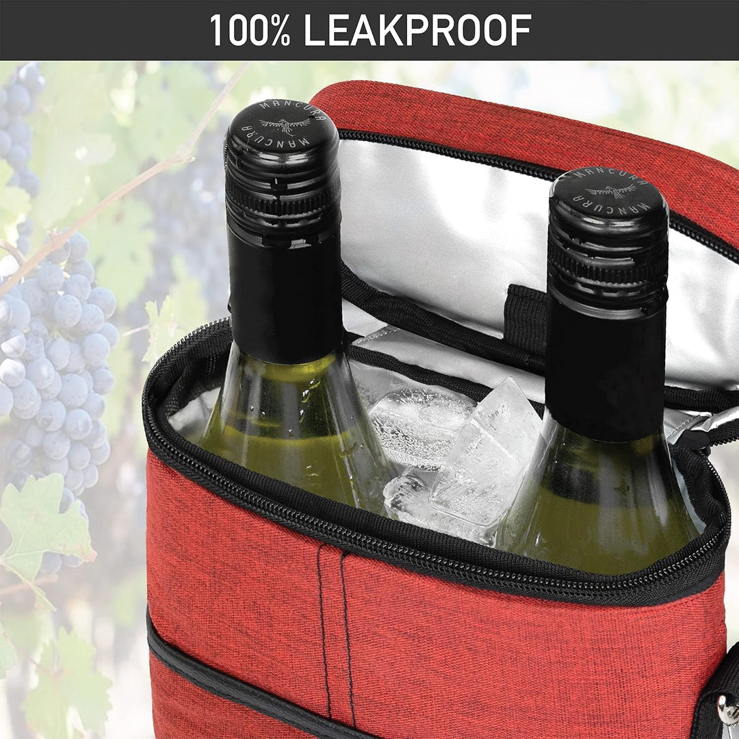 Compact insulated wine cooler bag, perfect for carrying two bottles safely. A thoughtful wine gift.