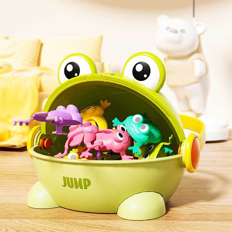 Jumping frog game set with multiple colorful frogs and lily pad targets, portable kids activity toy