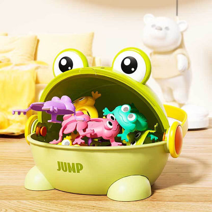 Jumping frog game set with multiple colorful frogs and lily pad targets, portable kids activity toy