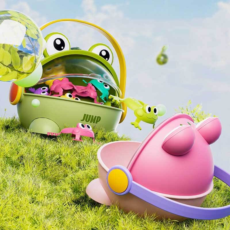 Close-up of a vibrant green jumping frog toy from the interactive kids' activity game set