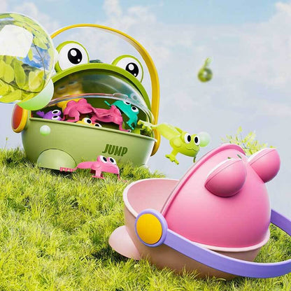 Close-up of a vibrant green jumping frog toy from the interactive kids' activity game set