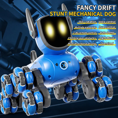 Kids playing happily with a remote-controlled robot stunt dog toy on a wooden floor.