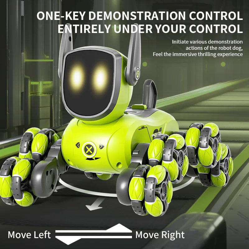 RC stunt dog toy, white and black, displaying gesture control features for interactive play.