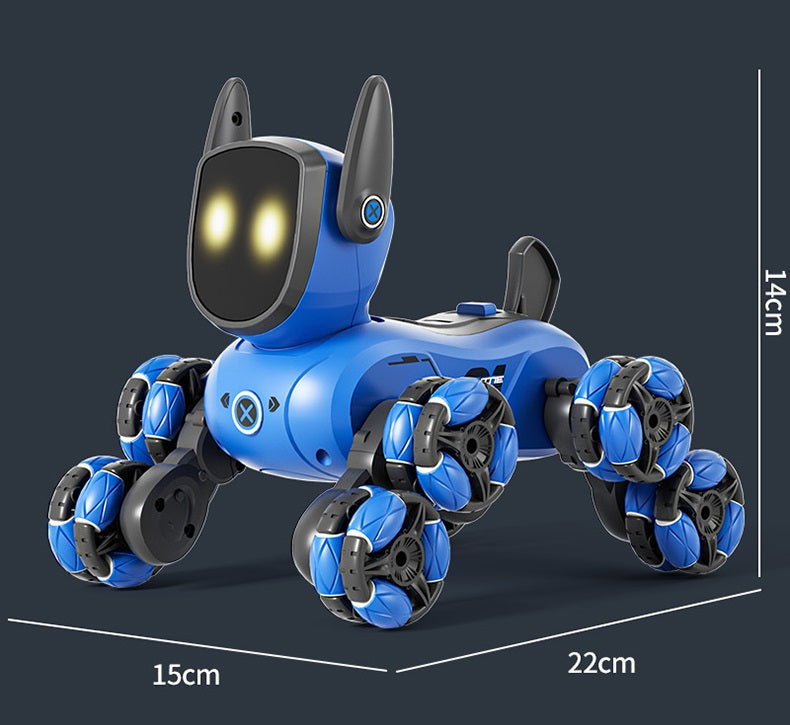 Interactive robot dog toy, white and black, barking and moving as if alive, for children.