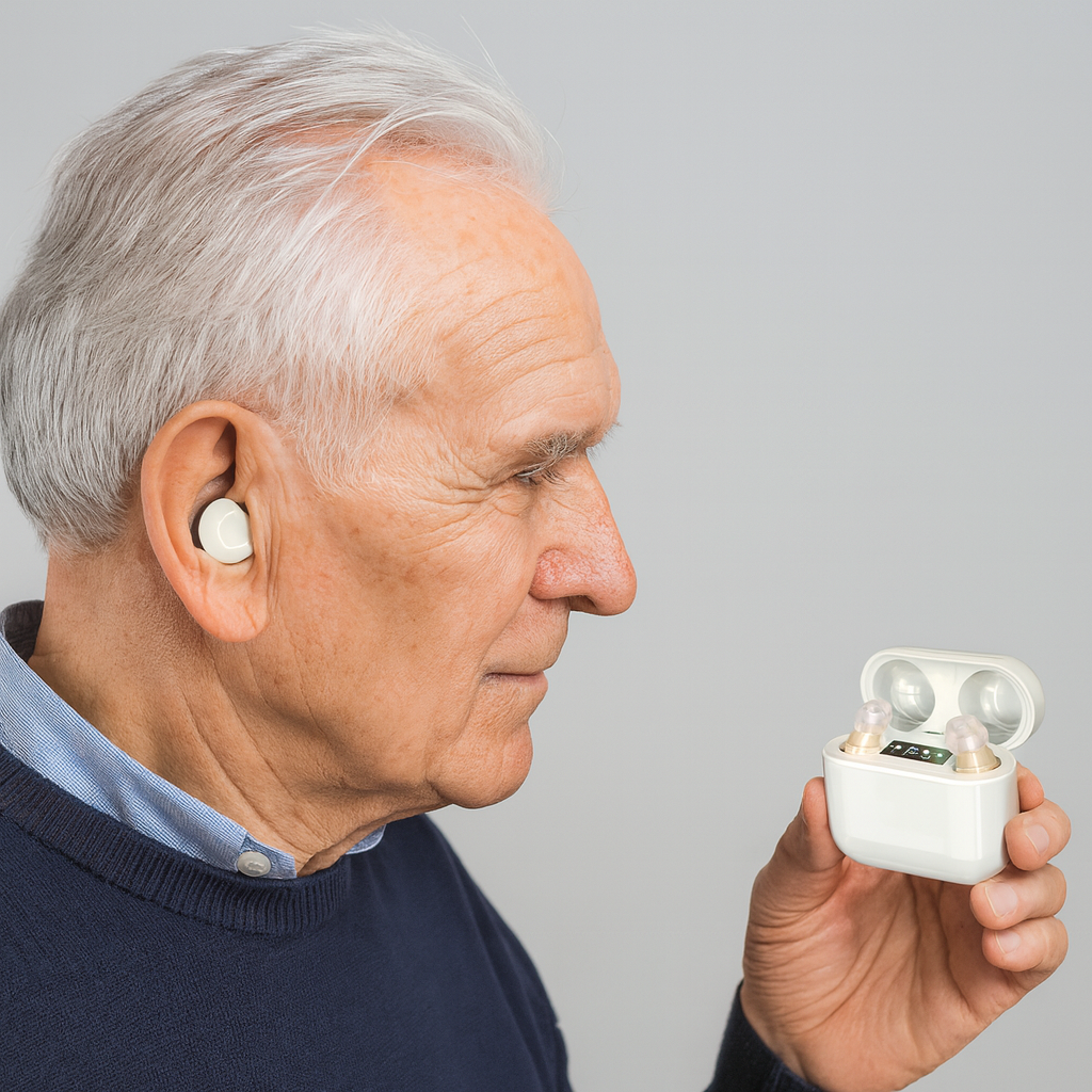 Unisex invisible in-ear digital hearing amplifier for discreet sound enhancement & audio clarity, rechargeable.