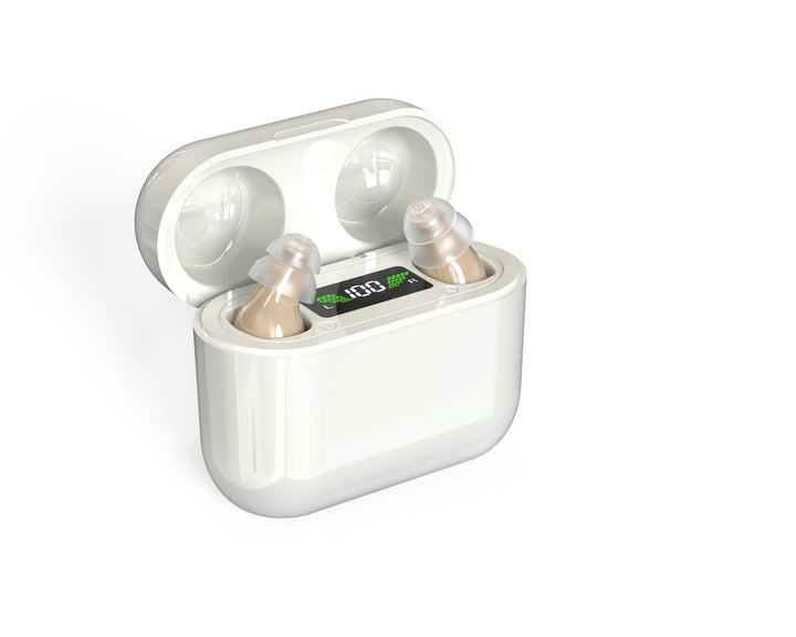 Compact, discreet digital in-ear hearing amplifier for clear sound, personal care, and comfortable fit.