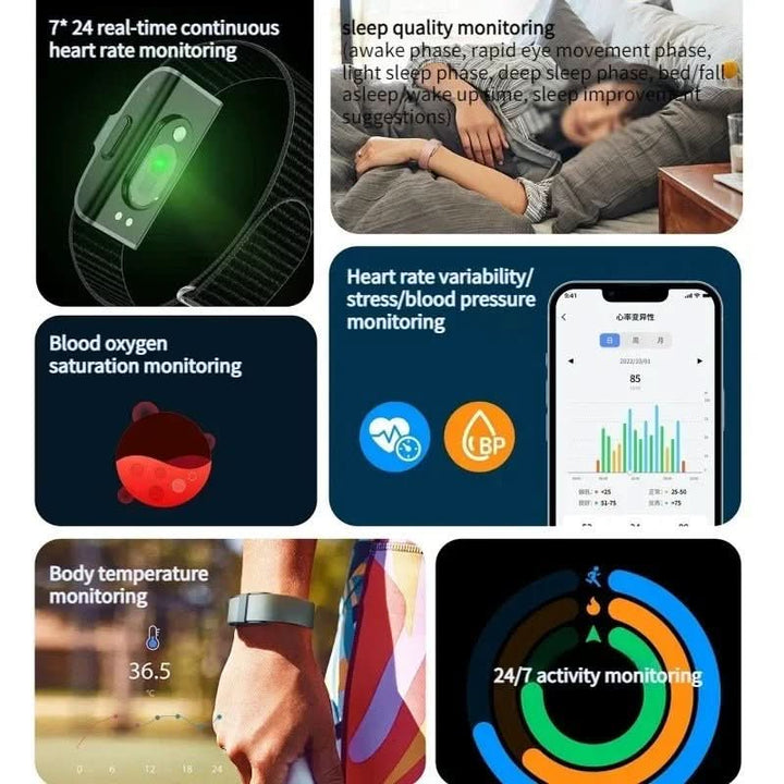 Multifunctional fitness smartwatch: tracks heart rate, O2 levels, steps & calories, IP68.