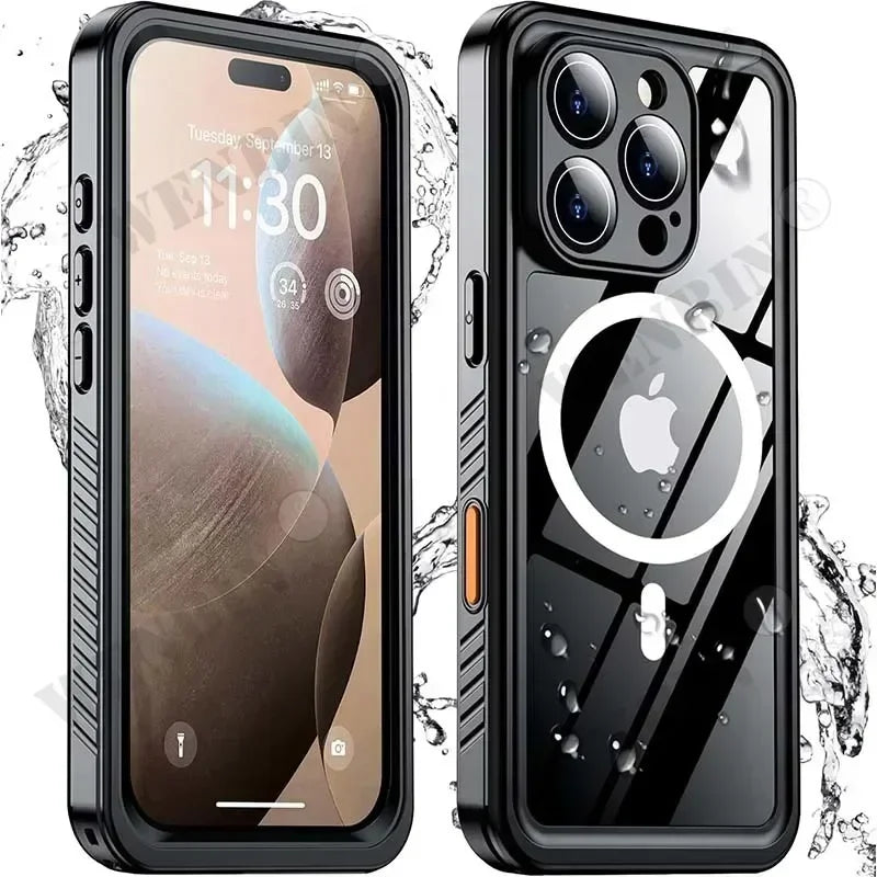 Unisex IP68 waterproof magnetic cell phone case for full-body protection, diving, and outdoor adventures.