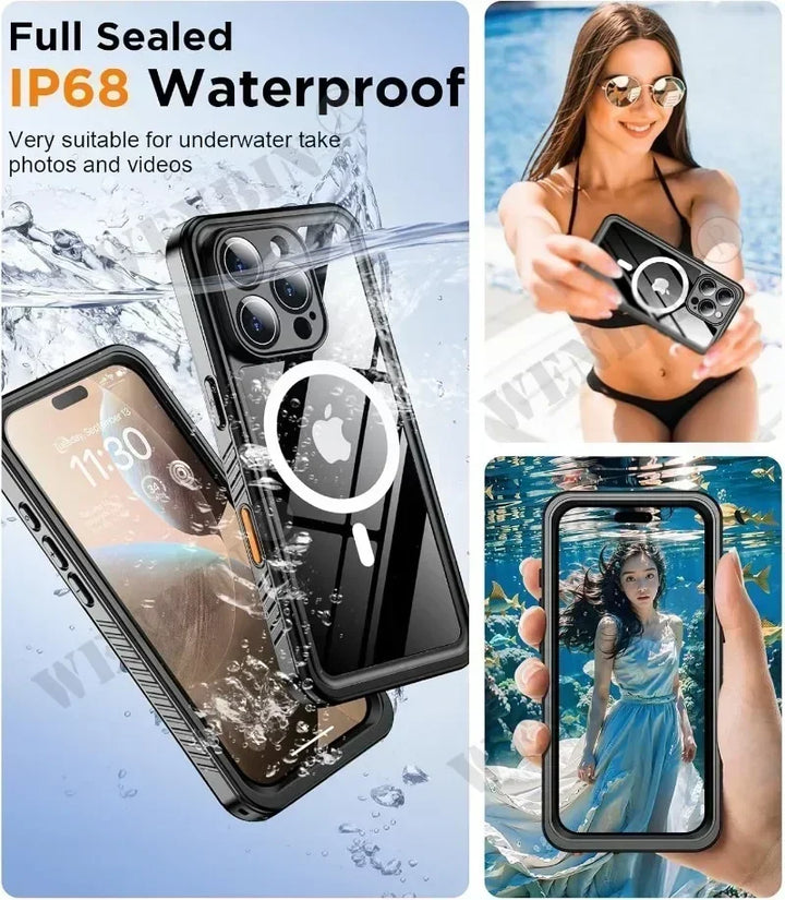 Magnetic waterproof phone case compatible with wireless charging, perfect for secure outdoor use and easy mounting.