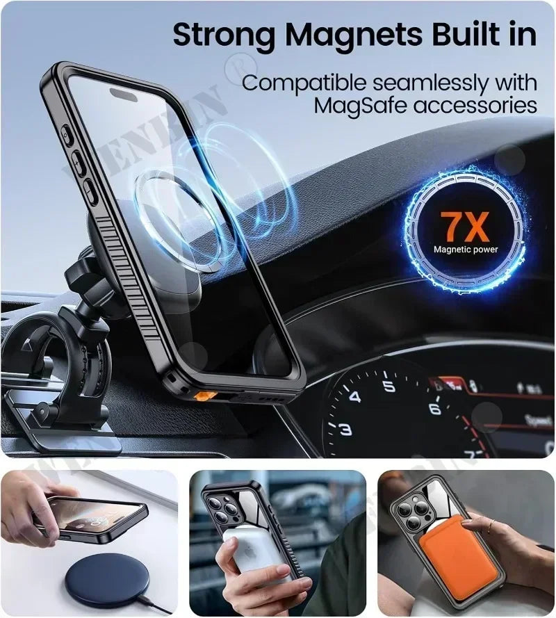Adventurers' IP68 waterproof smartphone case for diving, swimming, and rugged outdoor activities with full protection.