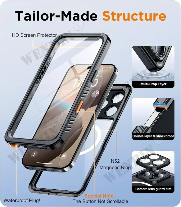 Keep your phone safe with this dustproof, shockproof, and waterproof magnetic diving case. Enjoy worry-free adventures.