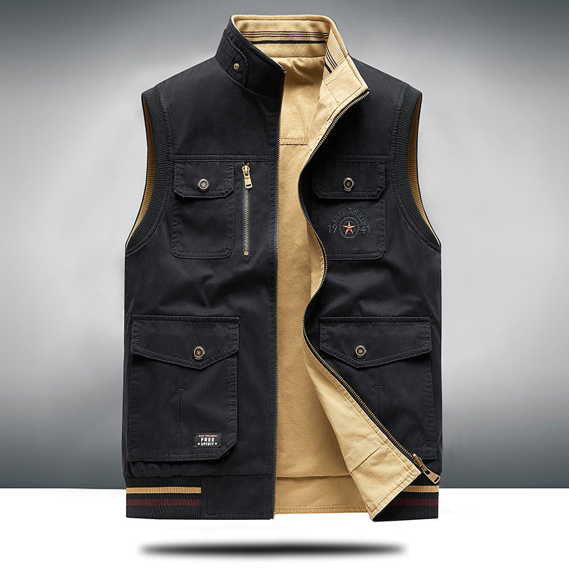 Practical cream unisex utility vest featuring numerous functional pockets; a versatile layering piece for all.