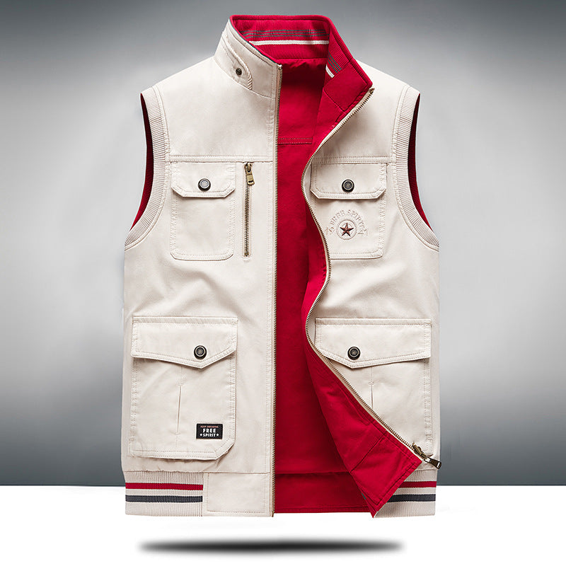 Khaki unisex utility vest, a versatile and practical outdoor layering piece with multiple large cargo pockets.