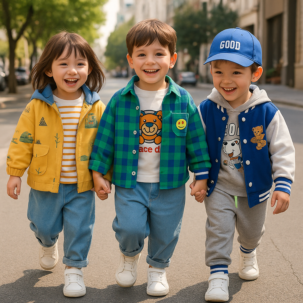 Unisex kids' 3-piece outfit: playful bear print jacket, white t-shirt, and black pants for toddlers.