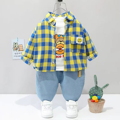 Kids' casual wear: 3-piece set including a bear print baseball jacket, plain top, and dark pants.