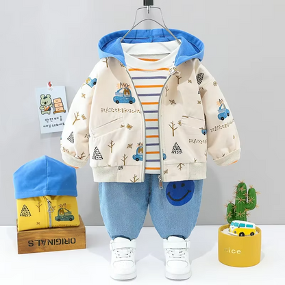 Stylish kids' winter set: 3 pieces with a bear print baseball jacket, white tee, and black bottoms.