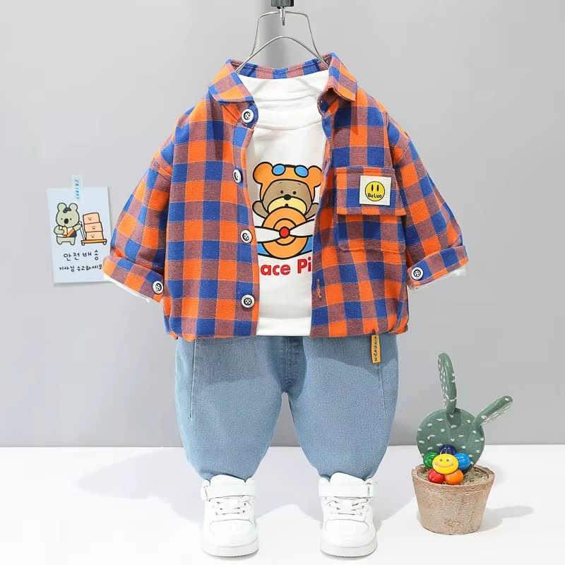 Children's playwear: complete 3-piece outfit featuring a bear jacket, white tee, and black pants.