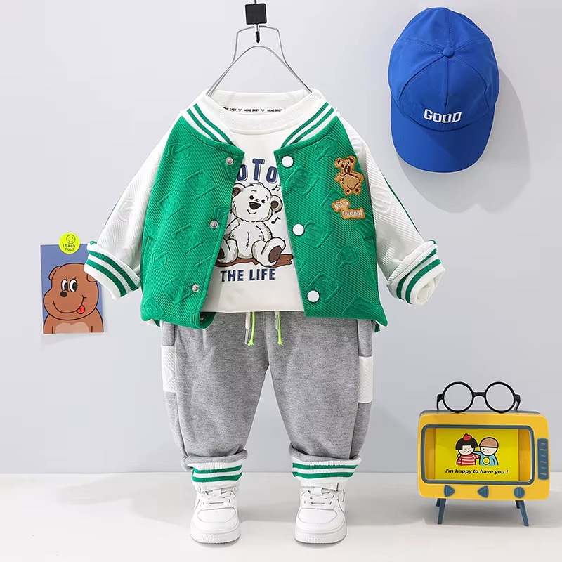Toddler clothing: 3-piece unisex set with baseball style bear jacket, white t-shirt, black pants.