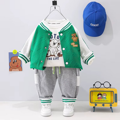 Toddler clothing: 3-piece unisex set with baseball style bear jacket, white t-shirt, black pants.