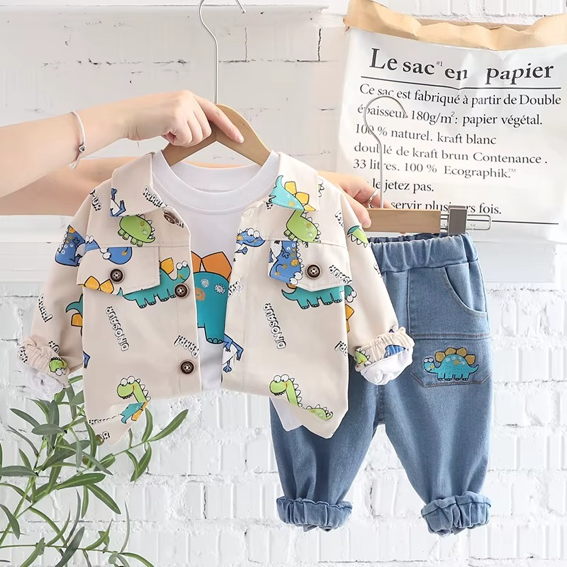 Unisex 3-piece set: baseball jacket with bear print, white T-shirt, and black pants for all toddlers.