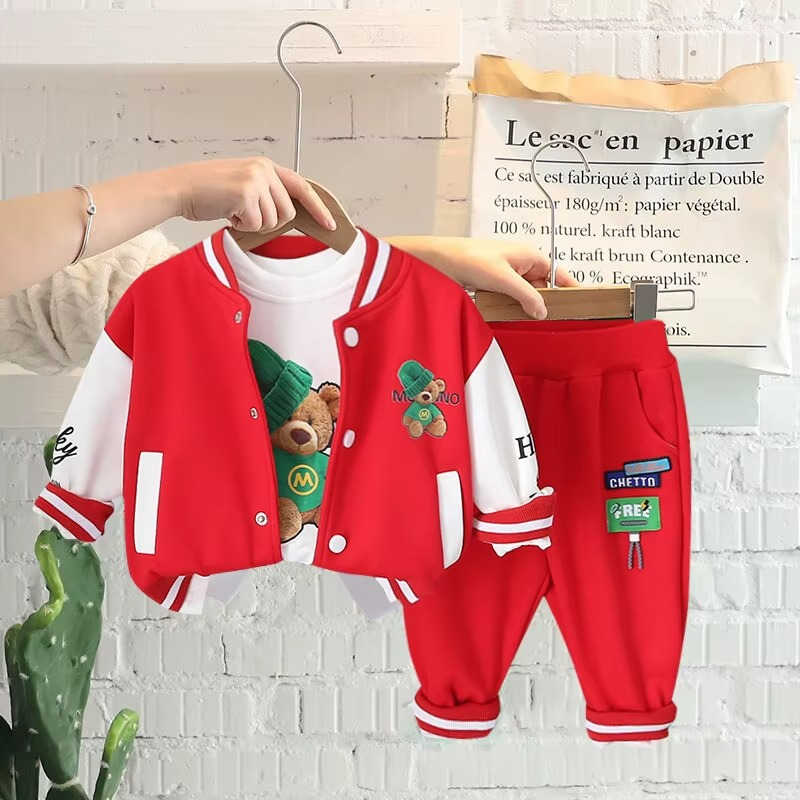 Children's everyday fashion: 3-piece set includes bear baseball jacket, white tee, and black pants.