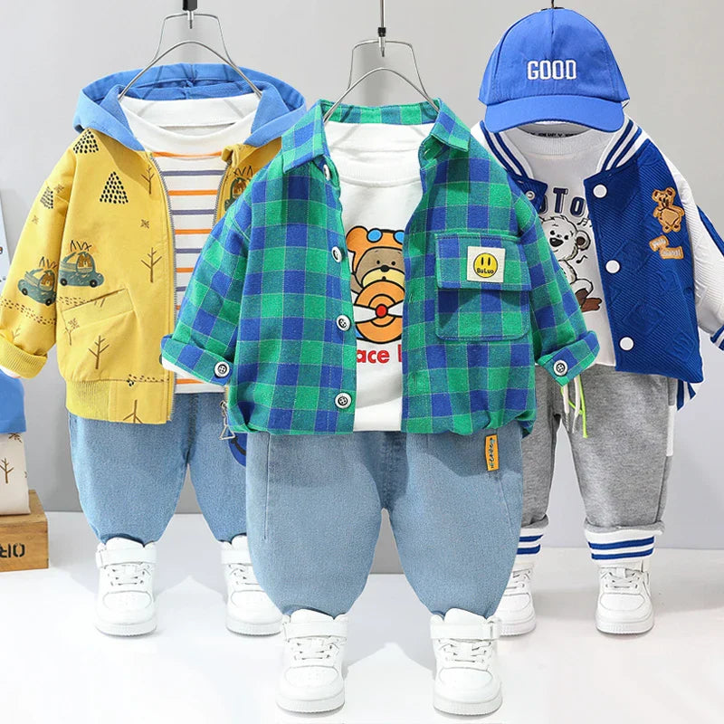 Toddler's 3-piece playwear set: adorable bear baseball jacket, plain t-shirt, and matching black pants.