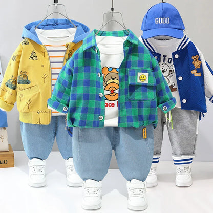 Toddler's 3-piece playwear set: adorable bear baseball jacket, plain t-shirt, and matching black pants.