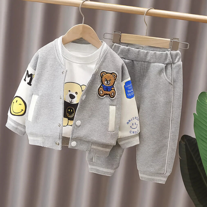 Unisex kids' clothing: 3-piece set, bear print baseball jacket, classic white tee & black pants.