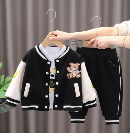 Childrens' stylish 3-piece set: bear baseball jacket, white T-shirt & black pants, perfect for play.